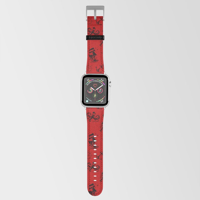 Red And Black Silhouettes Of Vintage Nautical Pattern Apple Watch Band