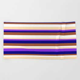 [ Thumbnail: Eyecatching Tan, Purple, Blue, Sienna & White Colored Lines/Stripes Pattern Beach Towel ]
