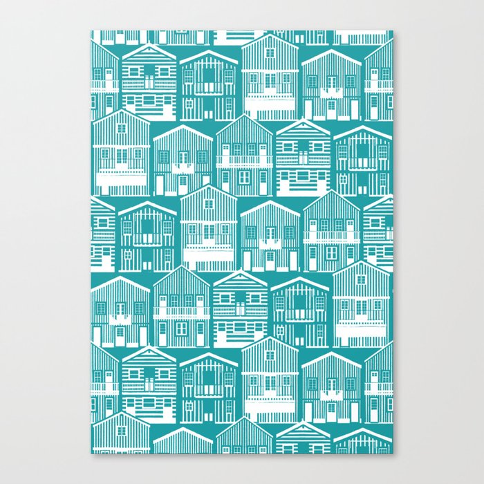Monochromatic Portuguese houses // peacock teal background white striped Costa Nova inspired houses Canvas Print