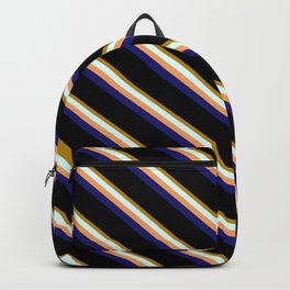 [ Thumbnail: Vibrant Dark Goldenrod, Light Cyan, Brown, Midnight Blue & Black Colored Stripes/Lines Pattern Backpack ]