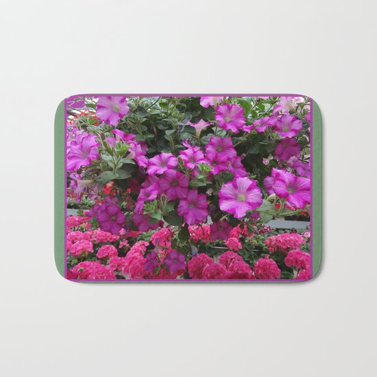 Pink Flowers on Green Bath Mat