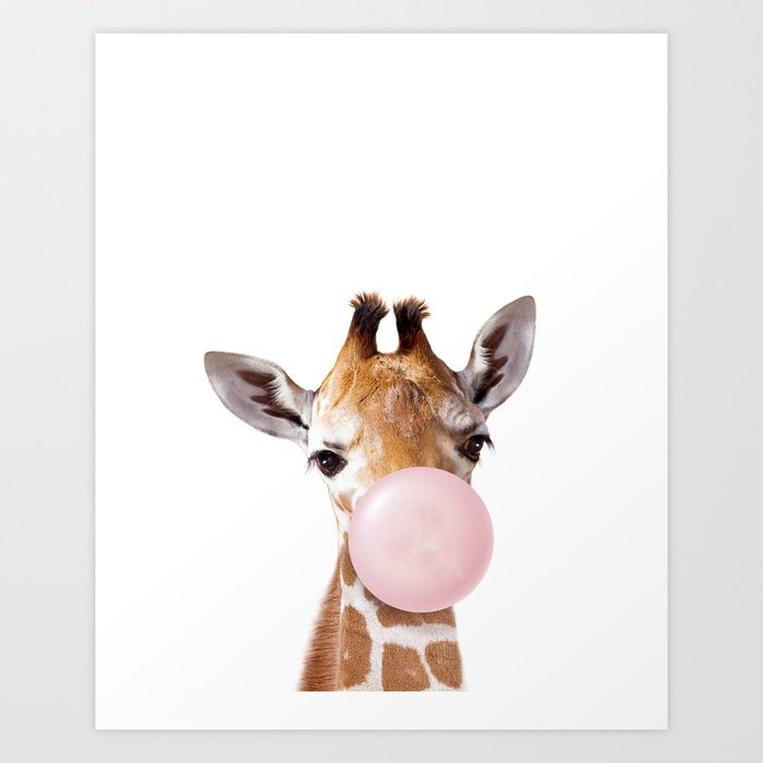 Baby Giraffe Blowing Bubble Gum, Pink Nursery, Baby Animals Art Print ...