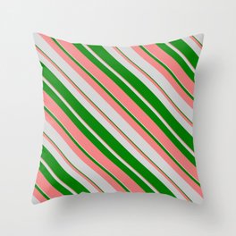 [ Thumbnail: Light Grey, Green & Light Coral Colored Lines/Stripes Pattern Throw Pillow ]