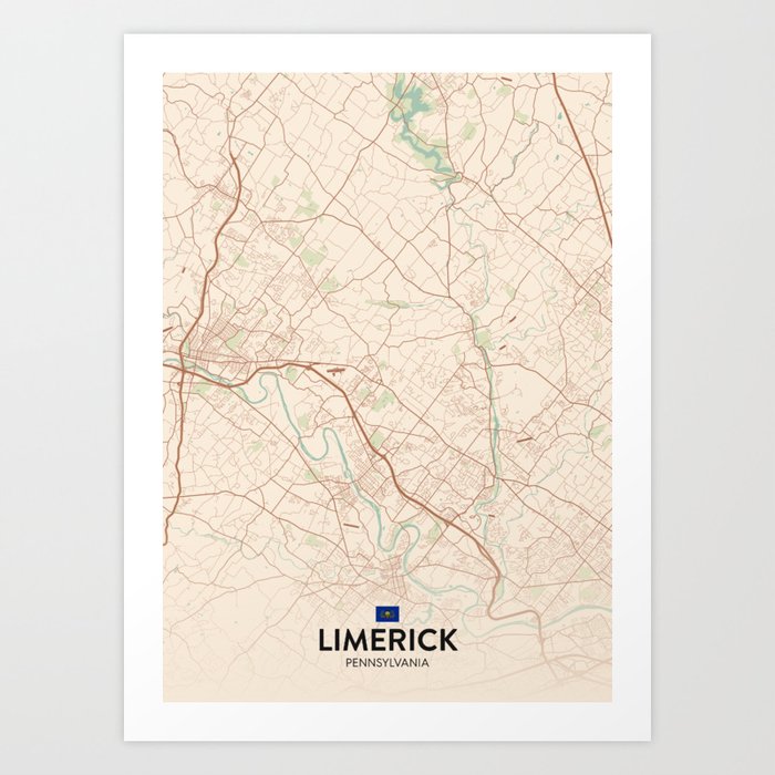 Limerick, Pennsylvania, United States Vintage City Map Art Print by