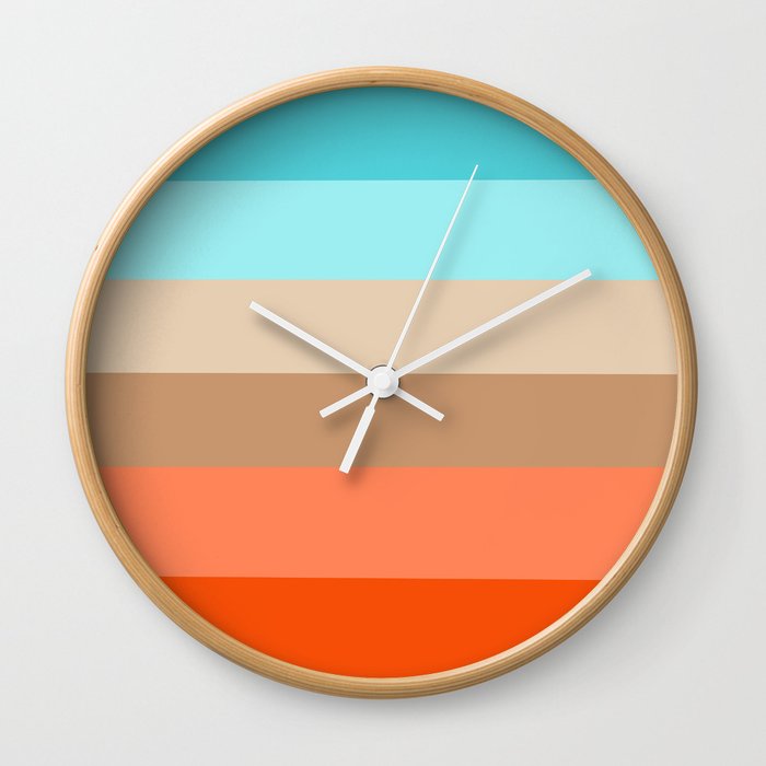 Modern Orange Aqua Sand Color Block Stripes Wall Clock By Pink Water Modern Orange Aqua Sand Color Block Stripes Wall Clock