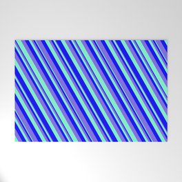 [ Thumbnail: Blue, Medium Slate Blue & Aquamarine Colored Pattern of Stripes Welcome Mat ]
