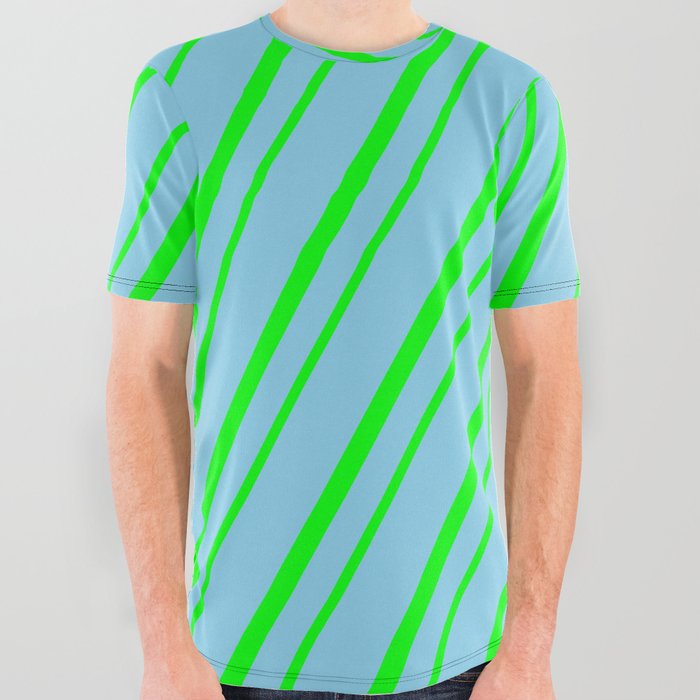 Sky Blue & Lime Colored Striped Pattern All Over Graphic Tee