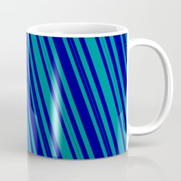 [ Thumbnail: Dark Blue and Dark Cyan Colored Lined/Striped Pattern Coffee Mug ]