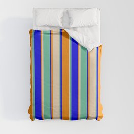 [ Thumbnail: Dark Orange, Bisque, Aquamarine, and Blue Colored Lined/Striped Pattern Duvet Cover ]