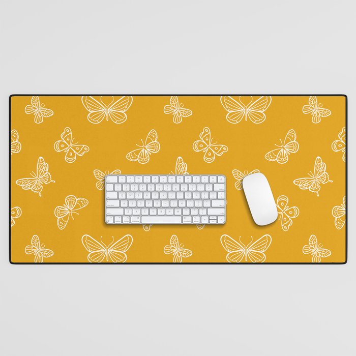 White Butterflies Stencil Seamless Pattern on Mustard Background Desk Mat