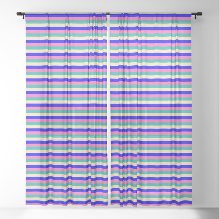 Light Sea Green, Beige, Blue, and Hot Pink Colored Lined/Striped Pattern Sheer Curtain