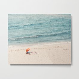 Aerial Orange Beach Umbrella - Ocean - Beach and Sea photography by Ingrid Beddoes Metal Print | Sea, Crashing Waves, Travel Photography, Curated, Tropical, Minimal Beach, Beach Umbrella, Beach Art Print, Coastaldecor, Ingridbeddoes 