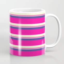 [ Thumbnail: Colorful Dark Slate Blue, Deep Pink, Light Yellow, Hot Pink & Light Blue Colored Lined Pattern Coffee Mug ]