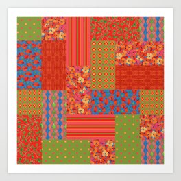 Poppy Fields Faux Patchwork Art Print | Pattern, Vintage, Collage 