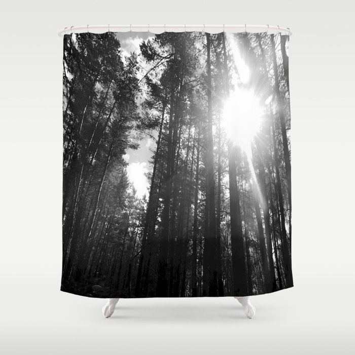 Black and White Sun in a Pine Forest Shower Curtain