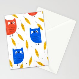 Autumn Orange and Blue Owl and Yellow Leaves on a White Background pattern Stationery Cards