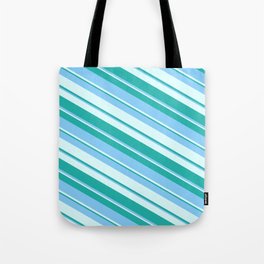 [ Thumbnail: Light Cyan, Light Sea Green & Light Sky Blue Colored Lines/Stripes Pattern Tote Bag ]