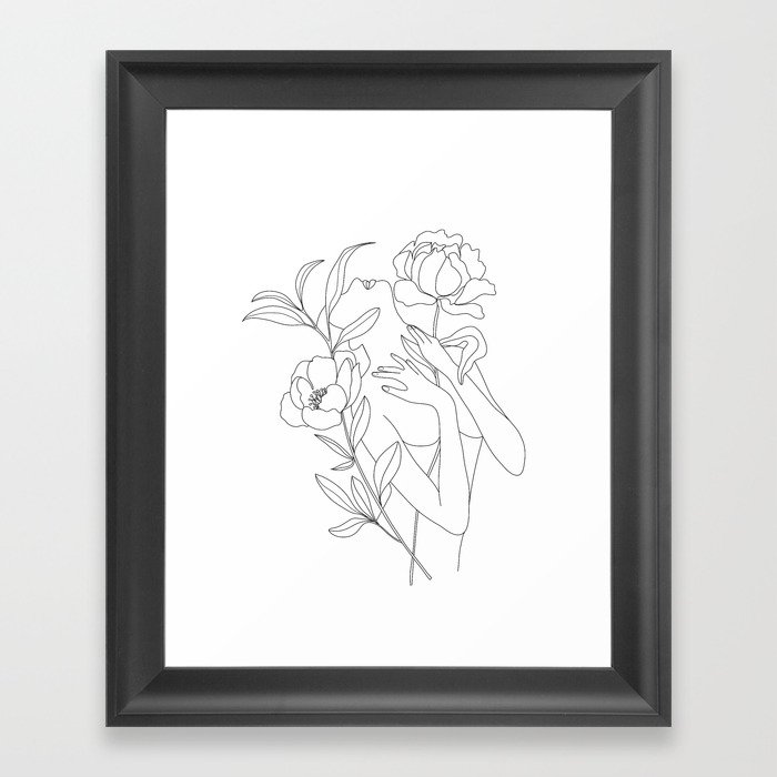 Minimal Line Art Woman with Peonies Framed Art Print