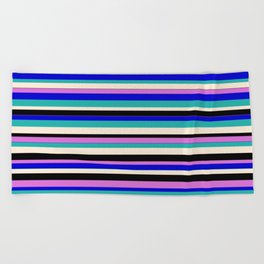 [ Thumbnail: Vibrant Orchid, Blue, Light Sea Green, Beige, and Black Colored Lines Pattern Beach Towel ]