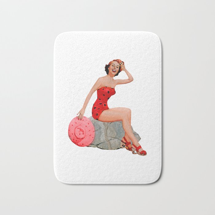 Sexy Brunette Pinup Girl in Red Skirt On The Rock Bath Mat