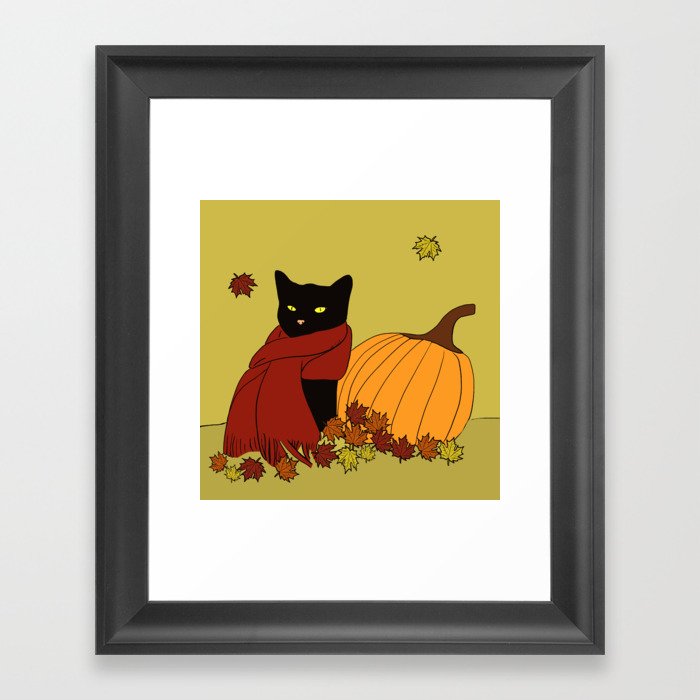 Cascade The Black Cat In Red Scarf With Pumpkin - Fall Framed Art Print | Drawing, Black-cat-fall, Black-cat-fall-decor, Cat-fall-decor, Cat-with-pumpkin, Cat-and-pumpkin, Cat-with-scarf, Cat-with-red-scarf, Melinda-todd, Porch-fall-decor