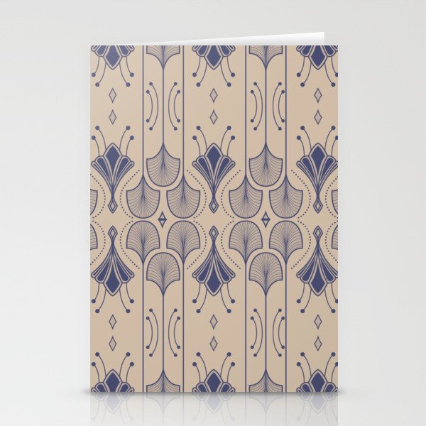 Lily Lake - Retro Floral Pattern Beige Indigo Blue Stationery Cards