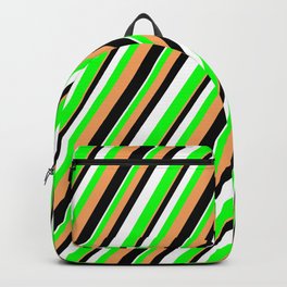 [ Thumbnail: Brown, Black, White & Lime Colored Lined/Striped Pattern Backpack ]