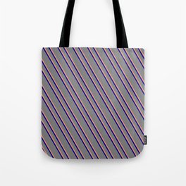 [ Thumbnail: Gray, Dark Salmon, and Dark Blue Colored Lines Pattern Tote Bag ]
