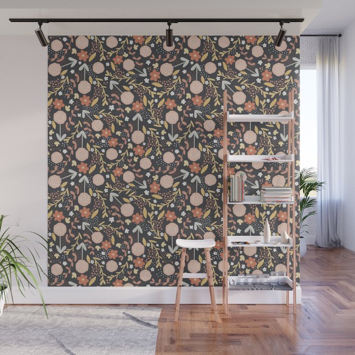 Swaying Flowers - Grey, Coral and Blush Floral Pattern Wall Mural