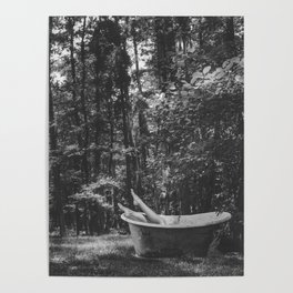 Back to nature; female with legs in the air out of vintage bear claw bathtub amid the wilderness and summer woods black and white photograph - photography - photographs Poster