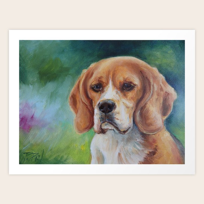 Beagle Cute Dog Portrait Oil Painting On Canvas Decor For Pet Lover Green Background Art Print By Canisart Society6