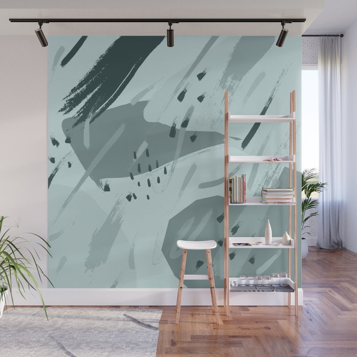 Abstract Mint Forest Green Gradient Acrylic Paint Brushstrokes Wall Mural