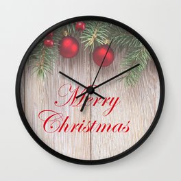 Merry Christmas Garland, Berries & Ornaments on Weathered Wood Wall Clock