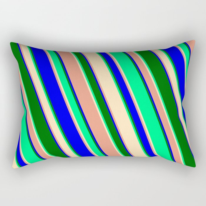 Green, Beige, Dark Salmon, Blue & Dark Green Colored Striped/Lined Pattern Rectangular Pillow