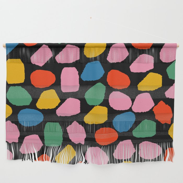 Ink Dots Colorful Mosaic Pattern in Rainbow Pop Colors on Black Wall Hanging