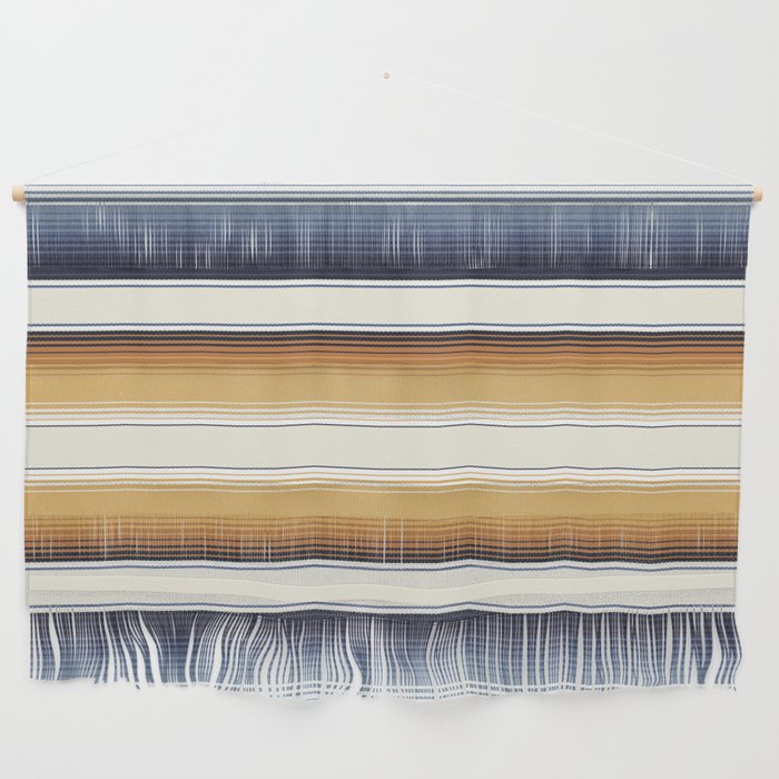 Indigo Blue, Amber Brown and Navajo White Southwest Serape Blanket Stripes Wall Hanging