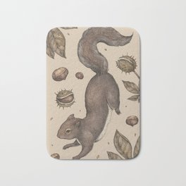 The Squirrel and Chestnuts Bath Mat | Painting, Botanical, Chestnuts, Squirrels, Graphite, Nuts, Squirrel, Drawing, Nut, Leaves 