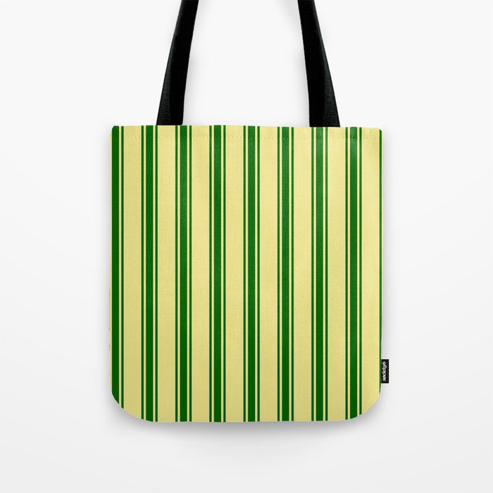 Tan and Dark Green Colored Lined/Striped Pattern Tote Bag