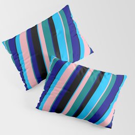[ Thumbnail: Colorful Deep Sky Blue, Light Pink, Teal, Blue & Black Colored Lined Pattern Pillow Sham ]
