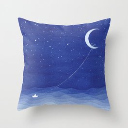Follow the moon, watercolor blue ocean sea sailboat Throw Pillow