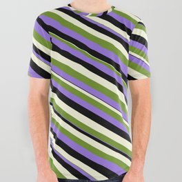 [ Thumbnail: Green, Purple, Black & Beige Colored Lined Pattern All Over Graphic Tee ]