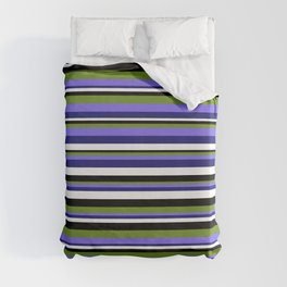 [ Thumbnail: Eye-catching Black, Green, Medium Slate Blue, Midnight Blue, and White Colored Stripes/Lines Pattern Duvet Cover ]
