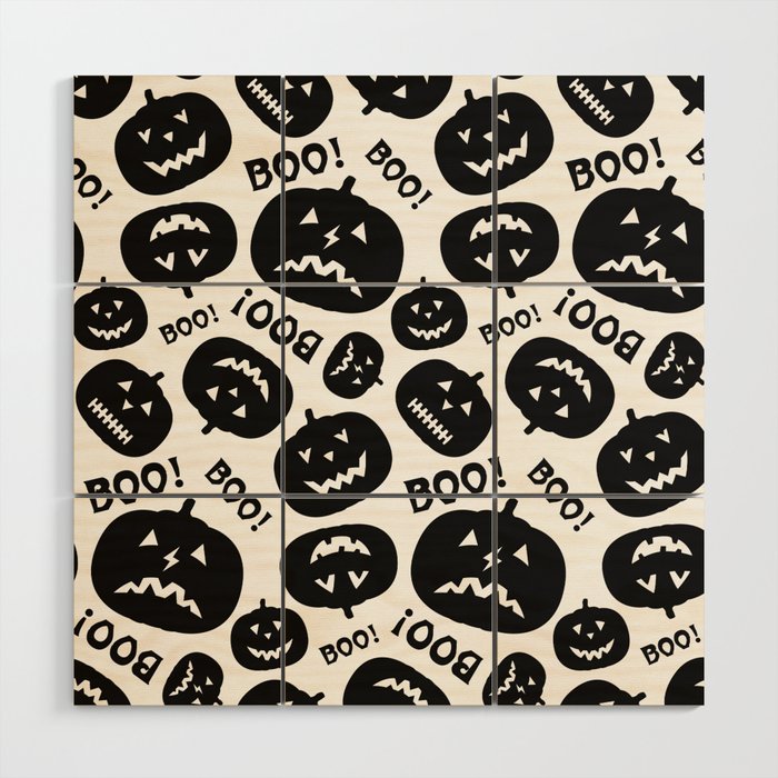 Halloween Black and White Pattern with Pumpkin Silhouette and inscription Boo Wood Wall Art