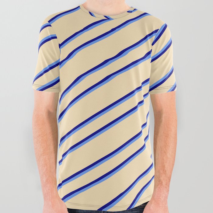 Tan, Blue, and Cornflower Blue Colored Lines Pattern All Over Graphic Tee