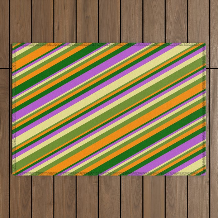 Tan, Green, Dark Orange, Dark Green & Orchid Colored Lines Pattern Outdoor Rug