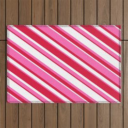 [ Thumbnail: Crimson, White & Hot Pink Colored Striped/Lined Pattern Outdoor Rug ]