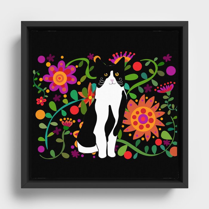 Tuxedo cat with flowers black background Framed Canvas