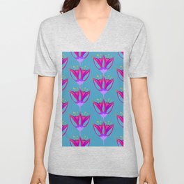 Abstract Colorful Floral Art Pattern in Pink on Blue V Neck T Shirt