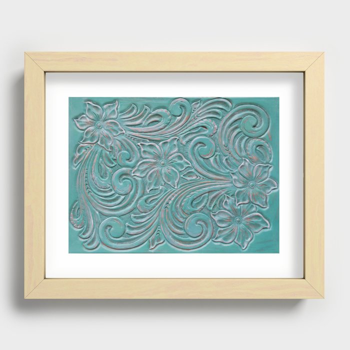 Turquoise western floral tooling Recessed Framed Print