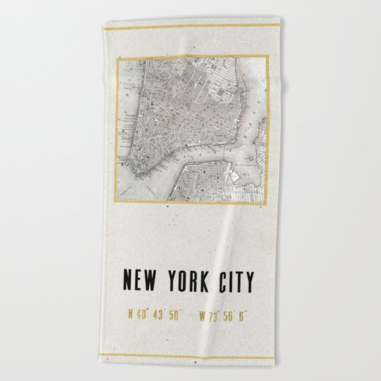 Vintage New York City Gold Foil Location Coordinates with map Beach Towel